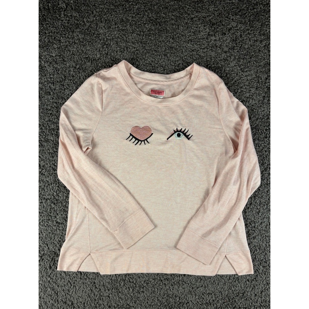 Kate Spade New York Pink Wink Heart Eye Long Sleeve Top Medium Heathered Knit